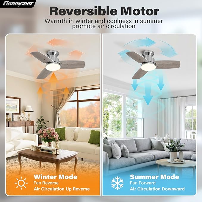 42 Inch Ceiling Fans with Lights and Remote, Bedroom Living Room Office, Flush Mount, 3CCT Dimmable, Dual Color 3 Blades 6 Speed Reversible Quiet DC Motor, Chrome-Plated/Wood Grain