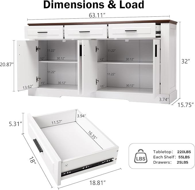 63" Large Buffet Sideboard with Storage, 32" Tall Kitchen Buffet Storage Cabinet with 3 Drawers, Modern Coffee Bar Cabinet with Handles, Long Sideboard Buffet Table for Kichen, Living Room (White-01)
