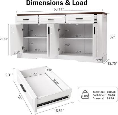 63" Large Buffet Sideboard with Storage, 32" Tall Kitchen Buffet Storage Cabinet with 3 Drawers, Modern Coffee Bar Cabinet with Handles, Long Sideboard Buffet Table for Kichen, Living Room (White-01)