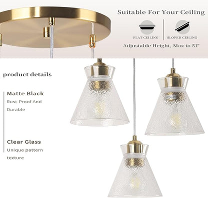 Gold Kitchen Island Pendant Light, 3-Light Farmhouse Chandelier with Seeded Glass Shades, Adjustable Hanging Light for Dining Room,Bedroom