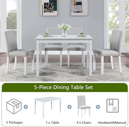 5 Piece Dining Table Set for 4, Rectangular Wooden Kitchen Table with 4 Upholstered Chairs, Elegant White Dining Room Set with Crystal Decoration
