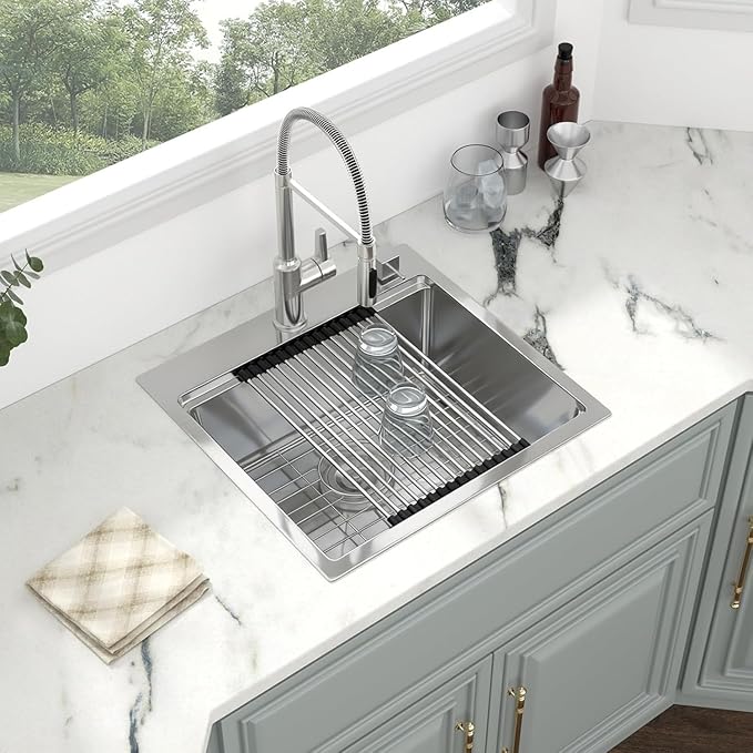 Kichae 21 Drop In Bar Sink- 21x20 Kitchen Sink Stainless Steel 16 Gauge Bar Prep Sinks Small Overmount Topmount Ledge Workstation Single Bowl Handmade Basin with Cutting Bowl