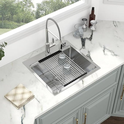 Kichae 21 Drop In Bar Sink- 21x20 Kitchen Sink Stainless Steel 16 Gauge Bar Prep Sinks Small Overmount Topmount Ledge Workstation Single Bowl Handmade Basin with Cutting Bowl