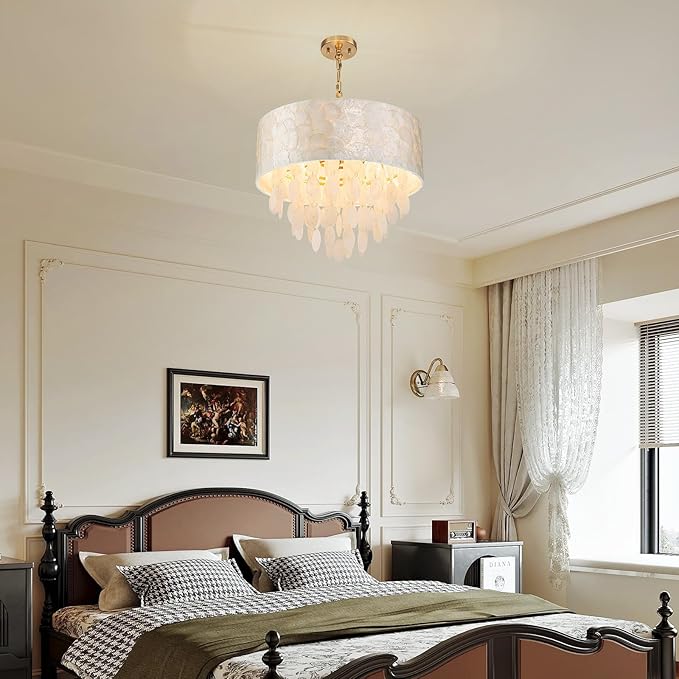 LumFurn 4-Light Drum Capiz Shell Chandeliers, Coastal Style Pendant Light Fixture for Dining Room, Living Room, D18 x 21~68"(Adjustable Height), Shell Lampshade & Gold Finish