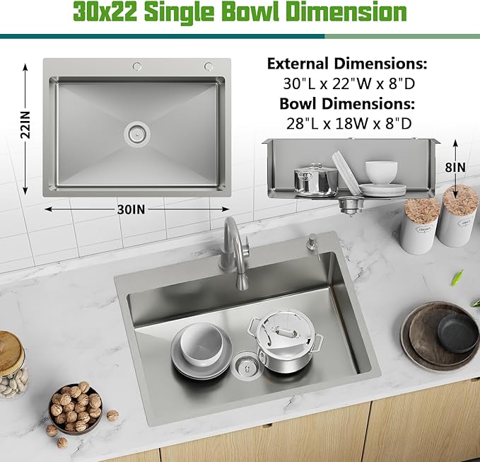 30x22 Inch Stainless Steel Kitchen Sink - Drop In Modern Single Bowl Topmount Kitchen Sink With Silicon Mat,Drain Strainer Set Offering Large Basin And Compatibility With Various Kitchen&Bar Style