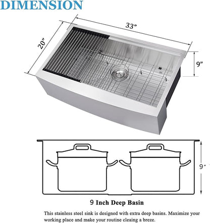 33 Inch Farmhouse Sink, 33x20x9 Stainless Steel Undermount Apron Front Farm Kitchen Sink Single Bowl 16 Gauge Workstation and with Accessories