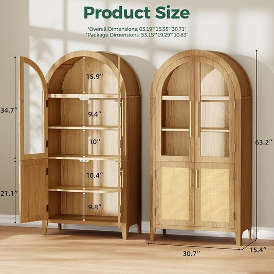 63” Tall Arched Kitchen Pantry Cabinet, 5-Tier Modern Farmhouse Flute Pantry with Adjustable Shelves, Kitchen Storage Cabinet for Kitchen, Dining Room, Living Room, Oak