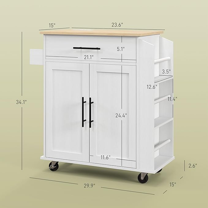 GOWE Kitchen Island with Storage, Rolling Kitchen Cart with AC Outlets and USB Ports, Microwave Stand with Towel and Spice Rack, White