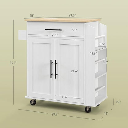 GOWE Kitchen Island with Storage, Rolling Kitchen Cart with AC Outlets and USB Ports, Microwave Stand with Towel and Spice Rack, White