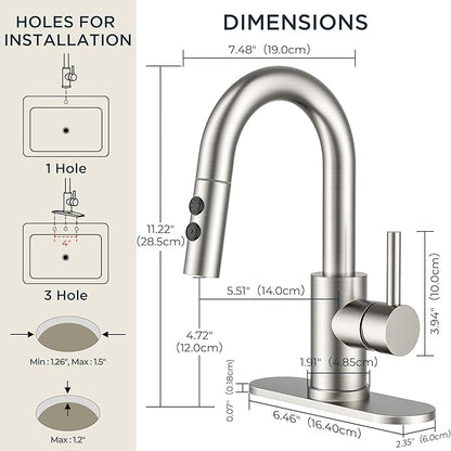 FORIOUS Bathroom Faucet 1 Hole with Pull Down Sprayer, 3 Hole Brushed Nickel Bathroom Sink Faucet with Pop Up Drain for RV Bar Laundry Vanity Utility Sink Remodel, Single Handle Design