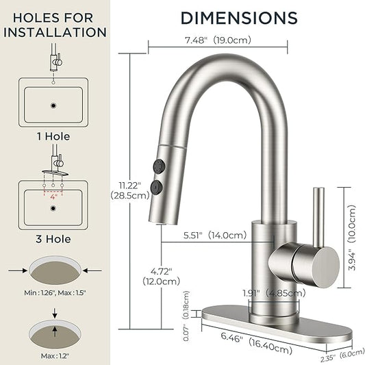 FORIOUS Bathroom Faucet 1 Hole with Pull Down Sprayer, 3 Hole Brushed Nickel Bathroom Sink Faucet with Pop Up Drain for RV Bar Laundry Vanity Utility Sink Remodel, Single Handle Design