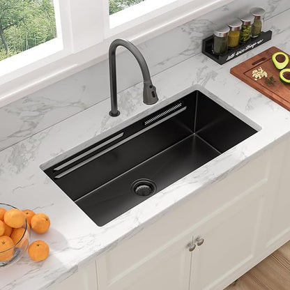 Sarlai 33 Inch Waterfall Kitchen Sink - Black Undermount Kitchen Sink With Waterfall Ledge Workstation Stainless Steel 16 Gauge Multifunction Single Bowl Under Mount Basin with Faucet