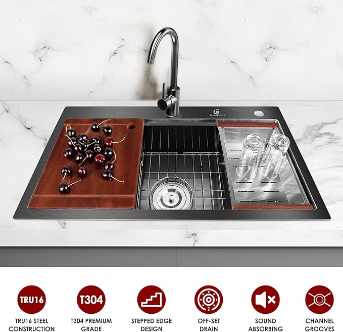 30 Inch Stainless Steel Kitchen Sink 16 Gauge Drop In Single Bowl Workstation Sink 2-Hole Top Mount Kitchen Basin with 5 Accessories (Black)