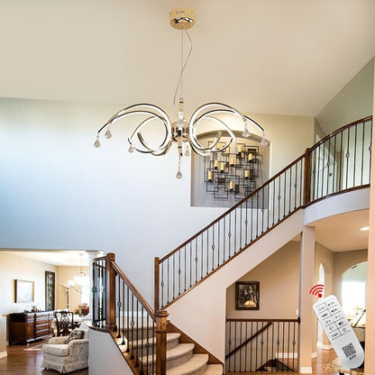 Large Crystal Chandelier 33 Inch 8-Light, Modern Gold Chandelier with Adjustable Height, Dimmable Remote Control LED Chandelier, K9 Crystal Lighting Fixture for Living Room Dining Room Foyer