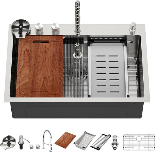 Lordear 33 Drop In Kitchen Sink with Faucet 33x22 Inch Waterfall Kitchen Sinks Topmount Stainless Steel 16 Gauge Single Bowl Workstation Kitchen Sink with Two Multifunctional Switch Knob