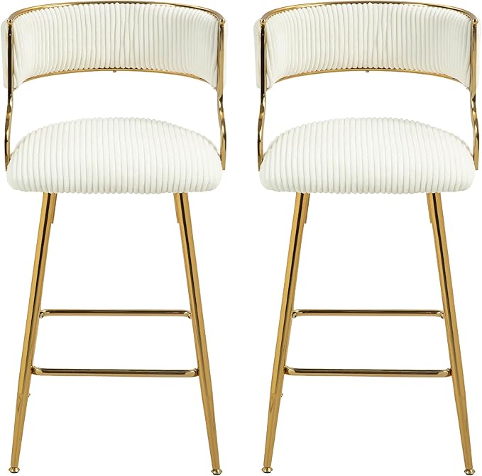 2-Pack Beige Corduroy Counter Height Bar Stools with Back, Golden Chrome Base and Footrest, Modern Kitchen Island Stools Set of 2, Upholstered Dining Stools for Home, Office, Cafe