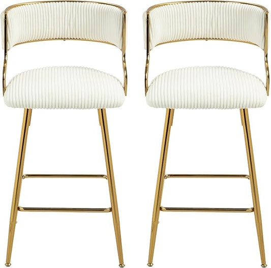 2-Pack Beige Corduroy Counter Height Bar Stools with Back, Golden Chrome Base and Footrest, Modern Kitchen Island Stools Set of 2, Upholstered Dining Stools for Home, Office, Cafe