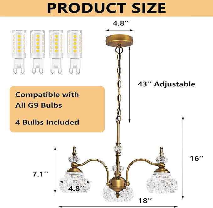 Montex Brass Pendant Light,Gold Vintage Chandelier Light Fixture 3 Lights,Include 4 Light Bulbs Glass Pendant Light Crystal Hanging Light