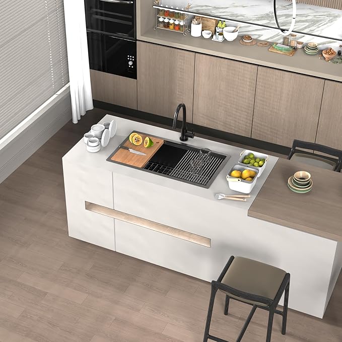 Black Kitchen Sink Workstation,32"x18" Stainless Steel Undermount Single Bowl Sink Built-in Ledge Drop In Workstation Sink Design For Placing/Sliding Accessories-Cutting Board,Drying Rack