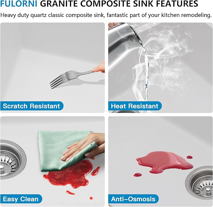 33"x19" Granite Composite Kitchen Sink - Undermount White Granite Quartz Classic Ledge Workstation Under Counter Single Bowl Basin