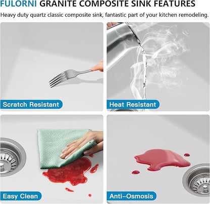 33"x19" Granite Composite Kitchen Sink - Undermount White Granite Quartz Classic Ledge Workstation Under Counter Single Bowl Basin