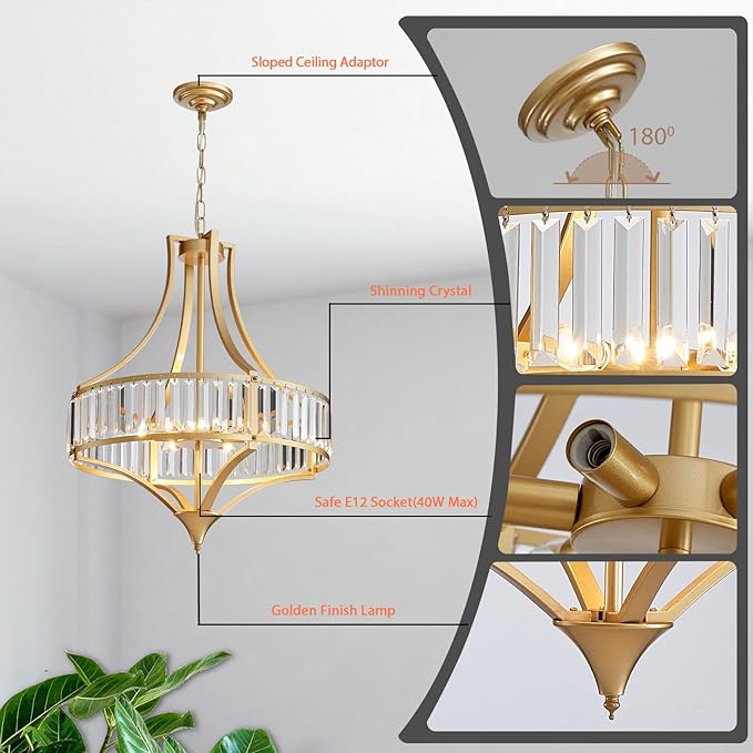 21.6" Gold Crystal Chandeliers Modern Vintage Chandelier with Round Metal Shade Art Deco 6-Light Large Dining Room Light Fixture for Kitchen, Dining Room, Hallway, Bedroom, Foyer