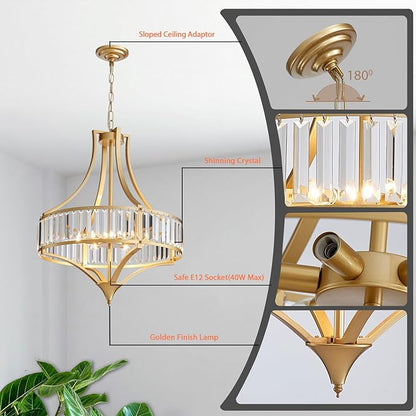 21.6" Gold Crystal Chandeliers Modern Vintage Chandelier with Round Metal Shade Art Deco 6-Light Large Dining Room Light Fixture for Kitchen, Dining Room, Hallway, Bedroom, Foyer