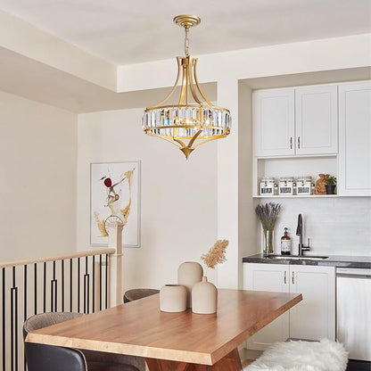 Modern Gold Crystal Chandeliers for Dining Room Pendant 4-Light Rustic Farmhouse Chandelier with Round Metal Lampshade for Living Room Kitchen Island Hallway Bedroom Foyer