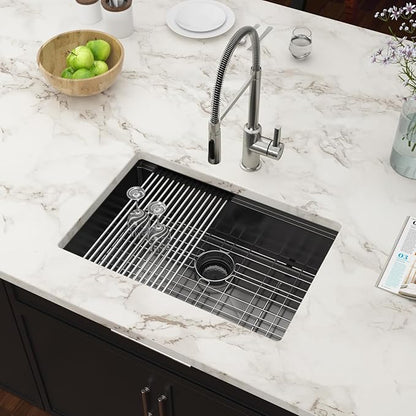 27 Inch Black Undermount Kitchen Sinks Workstation - Couoko Gunmetal Black 16 Gauge Stainless Steel Single Bowl Undermount Sink with Accessories, 27"x19"x9"