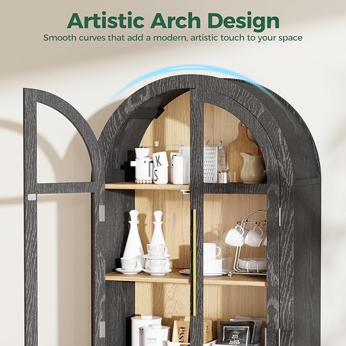 71" Arched Storage Cabinet, 5-Tier Modern Arched Cabinet with Glass Doors, Tall Arched Cabinet Adjustable for Living Room, Dining Room Office, Black