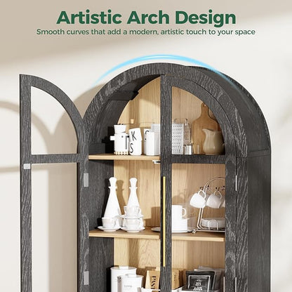 71" Arched Storage Cabinet, 5-Tier Modern Arched Cabinet with Glass Doors, Tall Arched Cabinet Adjustable for Living Room, Dining Room Office, Black