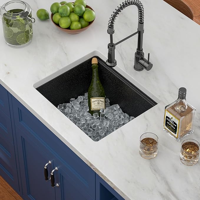 Black Undermount Kitchen Sink 21"x18" Workstation Granite Composite Bar Sink Small Granite Sink Undermount Quartz Modern Under Counter Ledge Single Bowl Kitchen Sinks Basin Deep Sink,LOF-Q4574