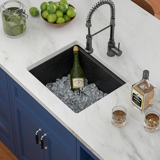 Black Undermount Kitchen Sink 21"x18" Workstation Granite Composite Bar Sink Small Granite Sink Undermount Quartz Modern Under Counter Ledge Single Bowl Kitchen Sinks Basin Deep Sink,LOF-Q4574