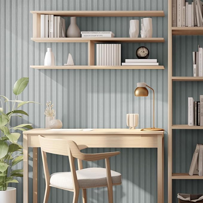 Yun-aeon Wood Slat Peel and Stick Wallpaper 17.3"x 300" Light Grey Wood Grating Stripe Contact Paper Removable Faux Wood Panels Wallpaper Self Adhesive Waterproof Vinyl Wall Paper for Bedroom Kitchen
