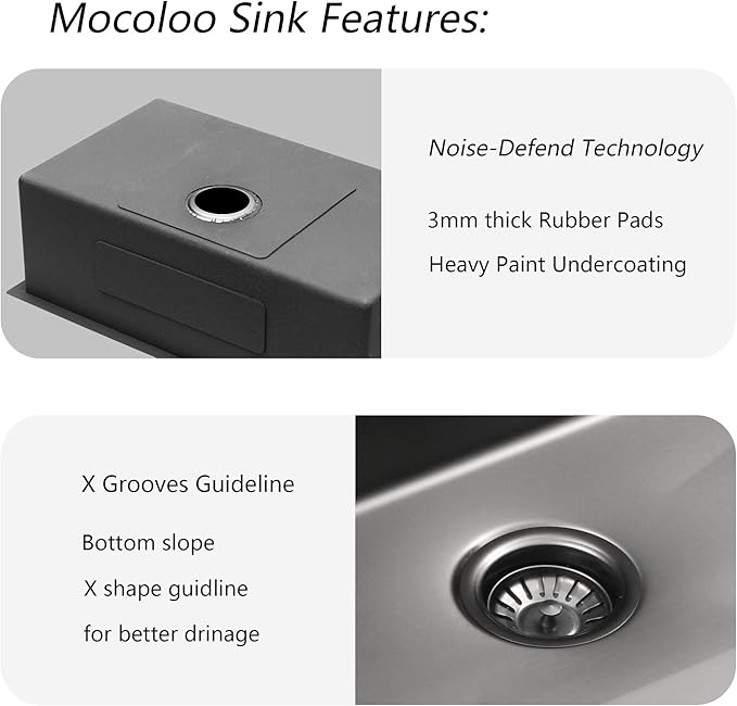 Mocoloo 33 Black Undermount Kitchen Sink 33x19 Gunmetal Black 16 Gauge Stainless Steel Deep Round Corner Under Counter Single Bowl Kitchen Sinks Handmade Basin