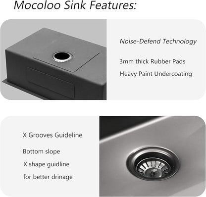Mocoloo 33 Black Undermount Kitchen Sink 33x19 Gunmetal Black 16 Gauge Stainless Steel Deep Round Corner Under Counter Single Bowl Kitchen Sinks Handmade Basin