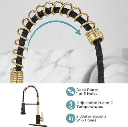 Kitchen Faucet with Pull Down Sprayer,Commercial Single Handle Stainless Steel Kitchen Faucets with Deck Plate (Brush Gold&Black)