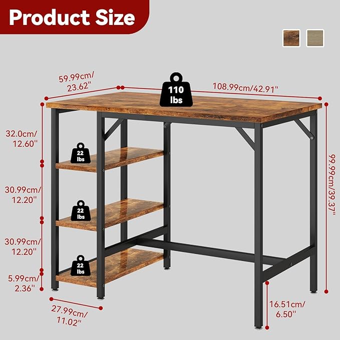 IBUYKE 40”H Bar Table with 3 Storage Shelves, High Dining Table for Kitchen, Rustic Brown Counter Table, Industrial Standing Computer Desk UTMJ054H