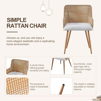 Rattan Dining Chairs,Upholstered Boucle Fabric Dining Chairs with Armrest and PE Cane Backrest, Mid Century Modern Dining Room Chairs with Metal Legs for Kitchen Island,Set of 4