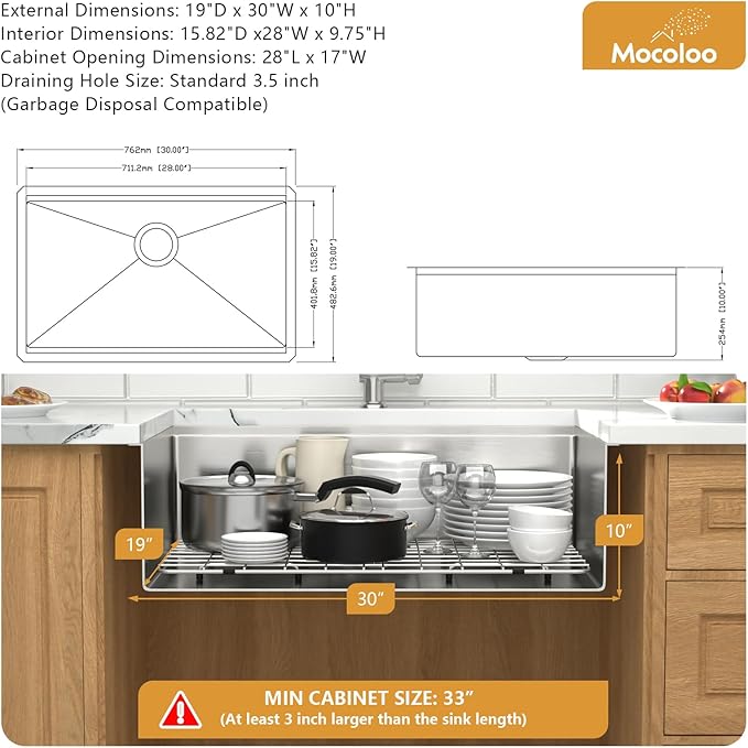 30 Inch Undermount Kitchen Sink - Mocoloo 30x19 Inch Stainless Steel Workstation Sink 16 Gauge Handmade Single Bowl 10" Deep Kitchen Sink