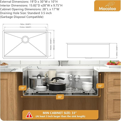 30 Inch Undermount Kitchen Sink - Mocoloo 30x19 Inch Stainless Steel Workstation Sink 16 Gauge Handmade Single Bowl 10" Deep Kitchen Sink
