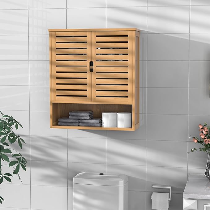 Bamboo Bathroom Wall Cabinet, Medicine Cabinet Wall Mounted, Over The Toilet Hanging Cabinet with 2 Doors