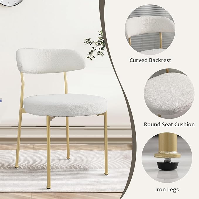 White Boucle Dining Chair Set of 4, Modern Oval Upholstered Dining Chairs with Curved Back and Metal Leg for Dining Room,Restaurant,Kitchen Island(Gold Leg)