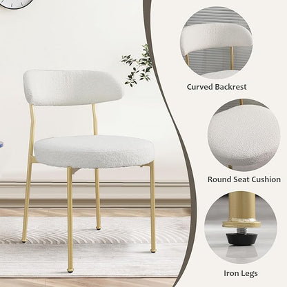 White Boucle Dining Chair Set of 4, Modern Oval Upholstered Dining Chairs with Curved Back and Metal Leg for Dining Room,Restaurant,Kitchen Island(Gold Leg)