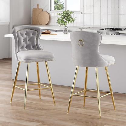 Bar Stools Set of 2, Velvet Counter Height Bar Stools with Metal Legs, Button Tufted and Nailheads Trim, Wing Back Bar Chairs for Kitchen Island Dining Room Pub, Gray YP833