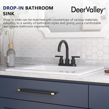 DeerValley 21x18 Inch Rectangular Fireclay Drop-in Bathroom Sink, White Vessel Sink with Overflow, Modern Art Basin, DV-1DS0123