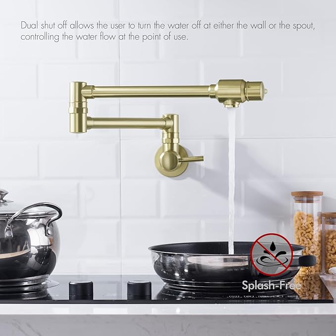 BAGNOLUX Brushed Gold Pot Filler Faucet, Traditional Double Handle Coffee Machine Wall Mount with Spout Reach Double-Jointed Swivel Stove Brass Kitchen Faucet 23.4 Inch, Brushed Light Yellow Gold