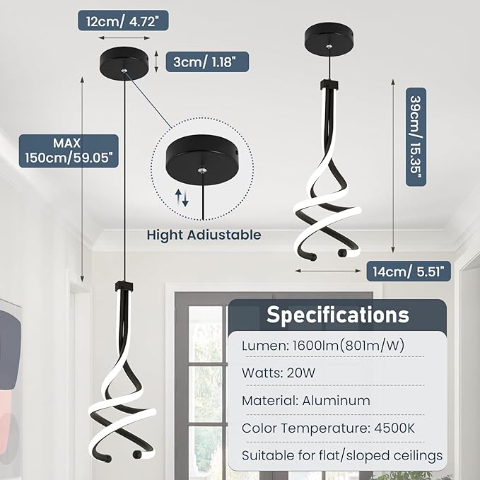 EIDISUNY Modern Pendant Light, Spiral LED Pendant Light Fixture, 4500K LED Hanging Lamp, Black Chandelier Lights Fixture, 20W Adjustable for Kitchen Island, Dining Room, Bedroom,1 Pack