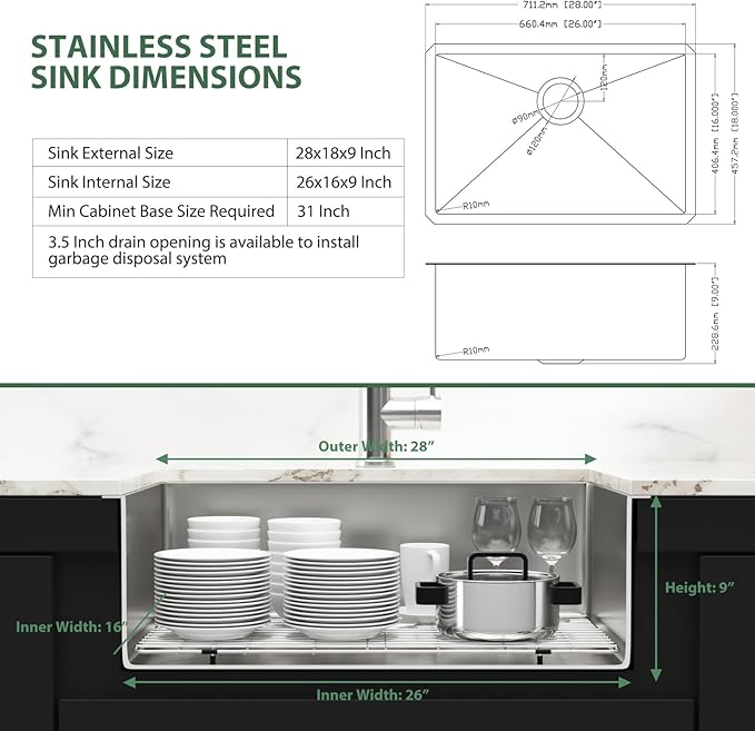 28 Inch Undermount Kitchen Sink 28x18 Stainless Steel Single Bowl Kitchen Sinks 16 Gauge Under Counter Round Corner Handmade Sinks Basin, 28x18x9 Inch