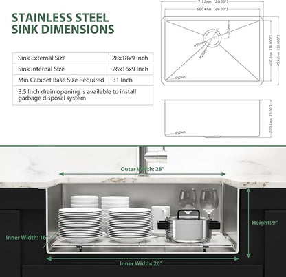 28 Inch Undermount Kitchen Sink 28x18 Stainless Steel Single Bowl Kitchen Sinks 16 Gauge Under Counter Round Corner Handmade Sinks Basin, 28x18x9 Inch